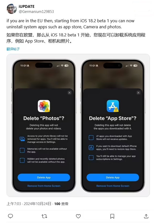 桃城苹果手机维修分享iOS 18.2 支持删除 App Store 应用商店 