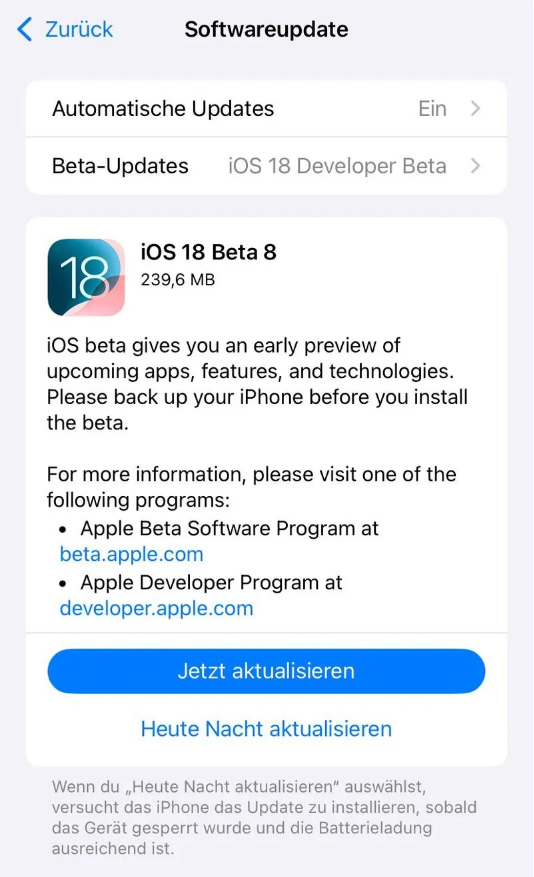 桃城苹果手机维修分享苹果 iOS / iPadOS 18 开发者预览版 Beta 8 发布 